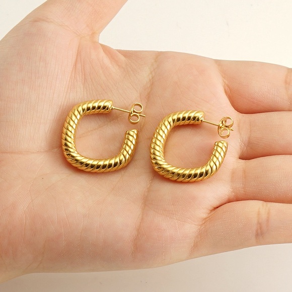 Gold Textured Square Hoop Earrings*Waterproof and Sweatproof - Picture 3 of 4